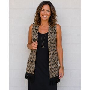 New NWT Chico's Collection 1 Medium Black Metallic Gold Fringed Hem Long Vest